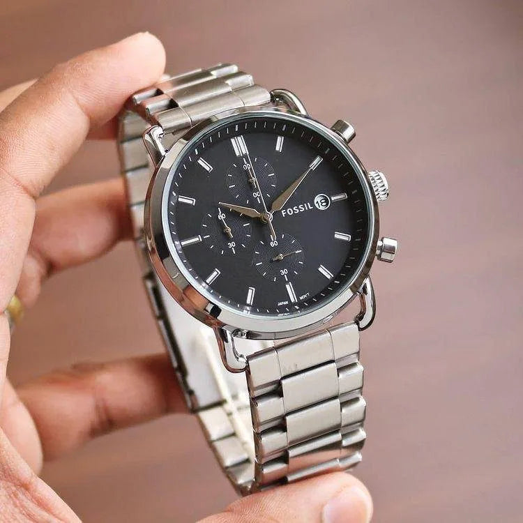 Fossil Silver Stainless Steel Strap Black Dial