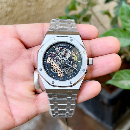 Premium Black Stainless Steel Skeleton Automatic Watch Open-Work Dial Octagonal Bezel Luxury Watch – Men