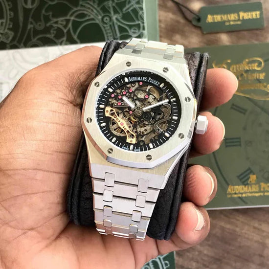 Premium Black Stainless Steel Skeleton Automatic Watch Open-Work Dial Octagonal Bezel Luxury Watch – Men