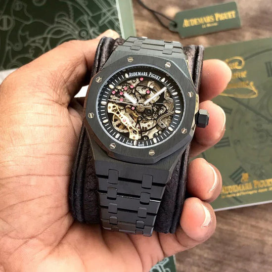 Premium Black Stainless Steel Skeleton Automatic Watch Open-Work Dial Octagonal Bezel Luxury Watch – Men